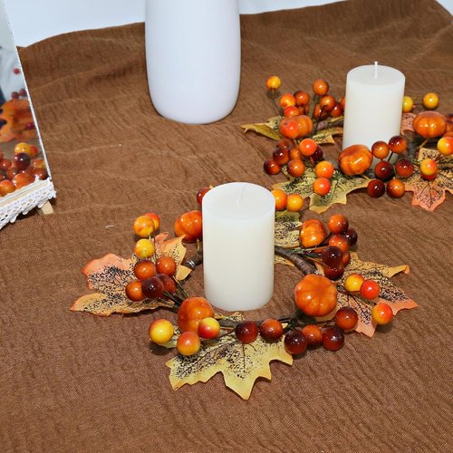 Fall Candle Rings by [Brand Name] - 3.5-Inch Decorative Taper Rings with Maple Leaves & Pumpkins | Set of 3 for Autumn Decor
