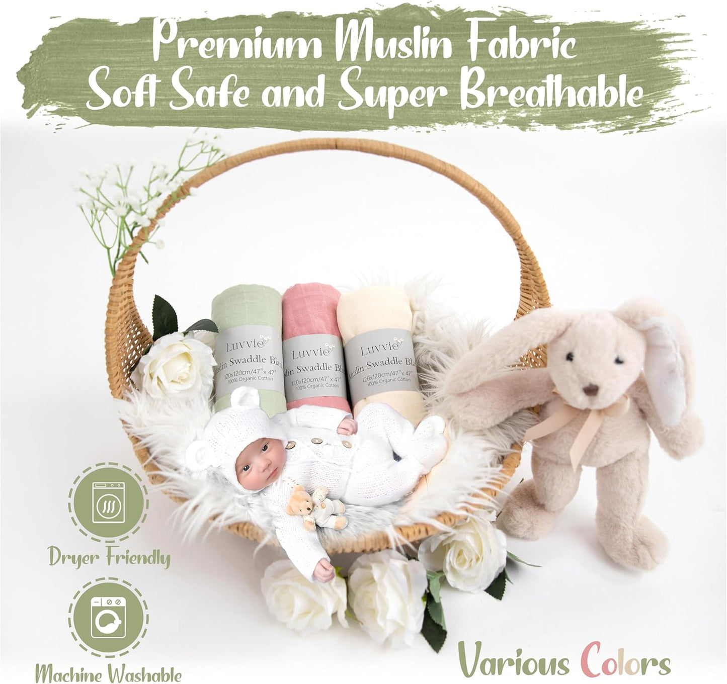 Skiennix Organic Muslin Swaddle Blankets - 100% Cotton, Soft & Breathable Baby Wraps | 3-Pack, 47 x 47 Inches