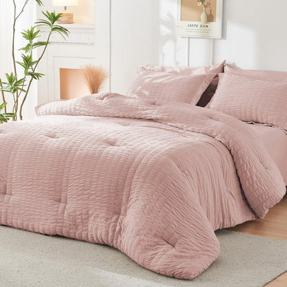 HYMOKEGE Rose Gold Twin Comforter Set Seersucker 5 Pieces, All Season Luxury Bed in a Bag Queen for Bedroom, Bedding Set with Comforter, Sheets, Pillowcase & Sham