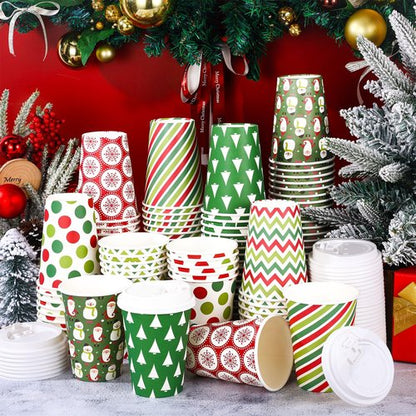 102 Sets Christmas Coffee Cups with Lids 12 oz Disposable Christmas Paper Cups Christmas Hot Chocolate Cups for Hot Cold Beverages Drinking Xmas Holiday Party