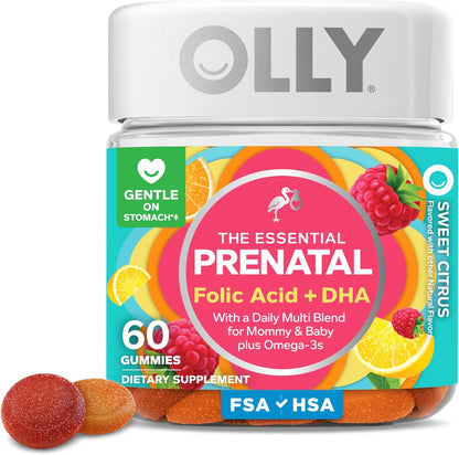 OLLY Prenatal Multivitamin Gummies - Daily Multi Blend for Mommy & Baby, Folic Acid & Omega 3 DHA, 60 Count