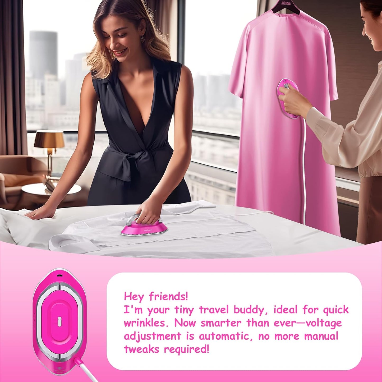 Newbealer Travel Iron - Mini Dry Iron with Global Voltage, 100-240V, 300W, Non-Stick Soleplate | Hot Pink, Ultra-Lightweight