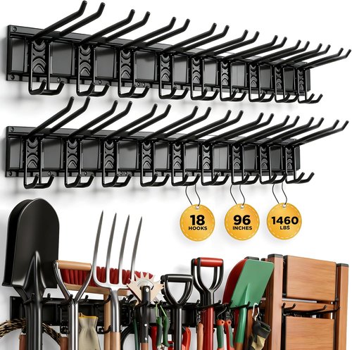 ELEAD Heavy Duty Garage Tool Organizer - 18-Pairs Wall Mount Hooks | 96 Inches, 1460 lbs Capacity for Garden & Shed