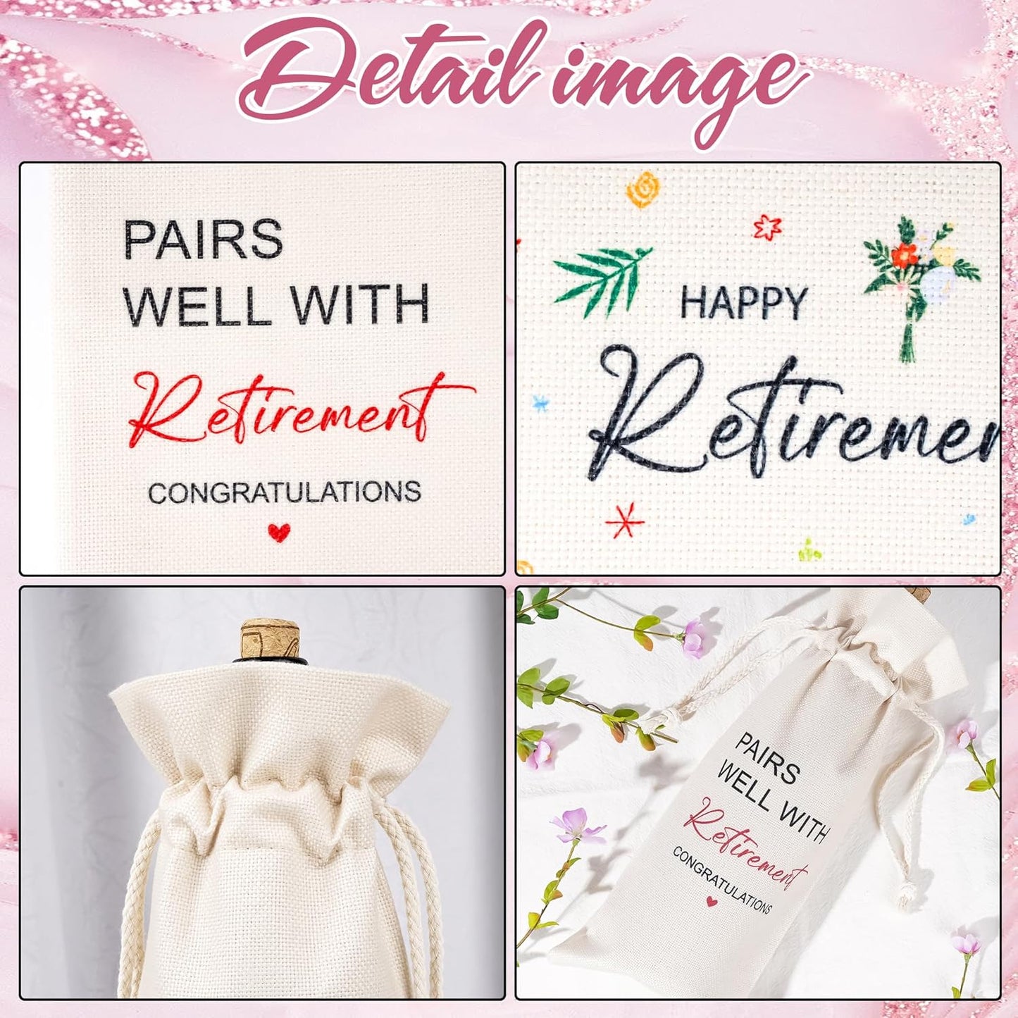 Retirement Wine Bag Farewell Gifts - Going Away Gifts for Retirees, Friends, Coworkers, Boss, Teachers, Employees, Women, Floral Drawstring Burlap Wine Bottle Bag for Retired, Goodbye, New Beginnings