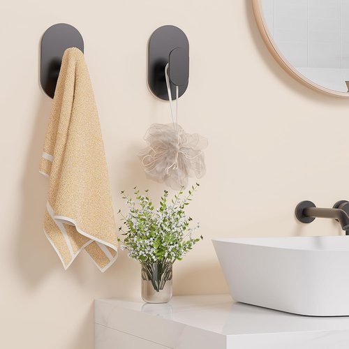 Aikzik Adhesive Towel Hooks - 4 Pack Heavy Duty 26LB Wall Hooks for Bathroom & Shower | Matte Black Stainless Steel