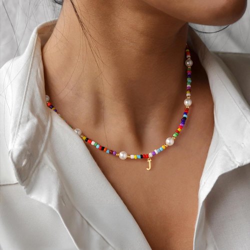 M MOOHAM Colorful Initial Necklace - Beaded Pearl Choker Jewelry for Kids, Teens & Women