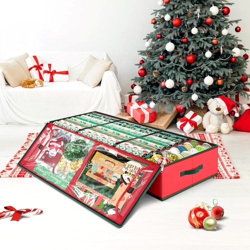 Fabspace Christmas Wrapping Paper Storage Organizer - 40 Inch Gift Wrap Container with Visible Pockets - Red