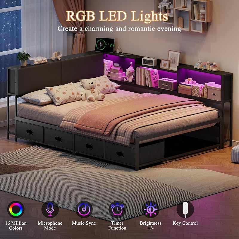 Full Corner Bed Frame with 4 Storage Drawers, Hidden Headboard, USB Charging & LED Lights – Matte Black