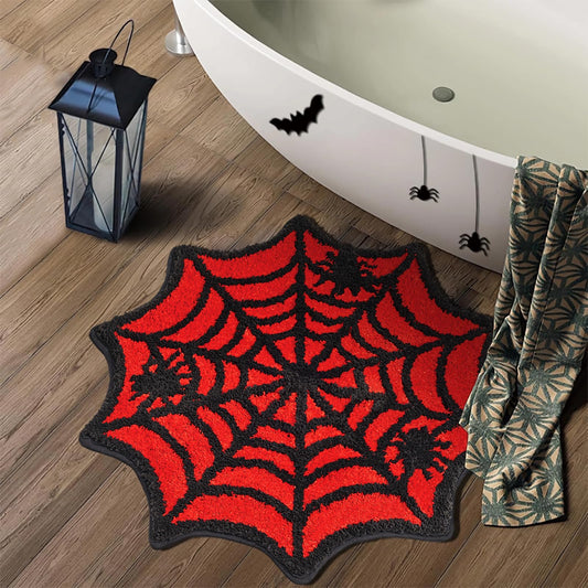 DyeFury Red Spider Web Bath Mat for Bathroom Spider Web Man Rugs for Boys Bedroom Decor, Gothic Cute Halloween Decoration Black Red Bloody Mat Kids Area Rugs 26.7" x 26.7"