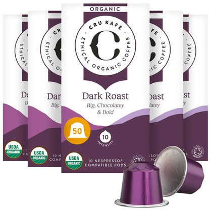 Cru Kafe Dark Roast USDA Organic Espresso Coffee Capsules (50 Pods) Fairtrade Coffee Pods Compatible with Nespresso Original Line and Pixie Machines