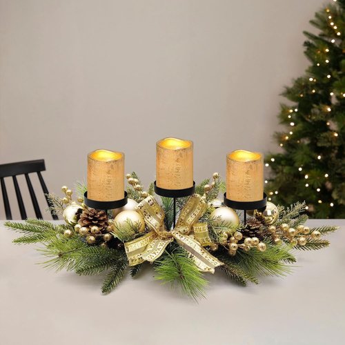 Gold Glittery Christmas Candle Centerpiece - Festive Berries & Pinecones | 27.5 Inch
