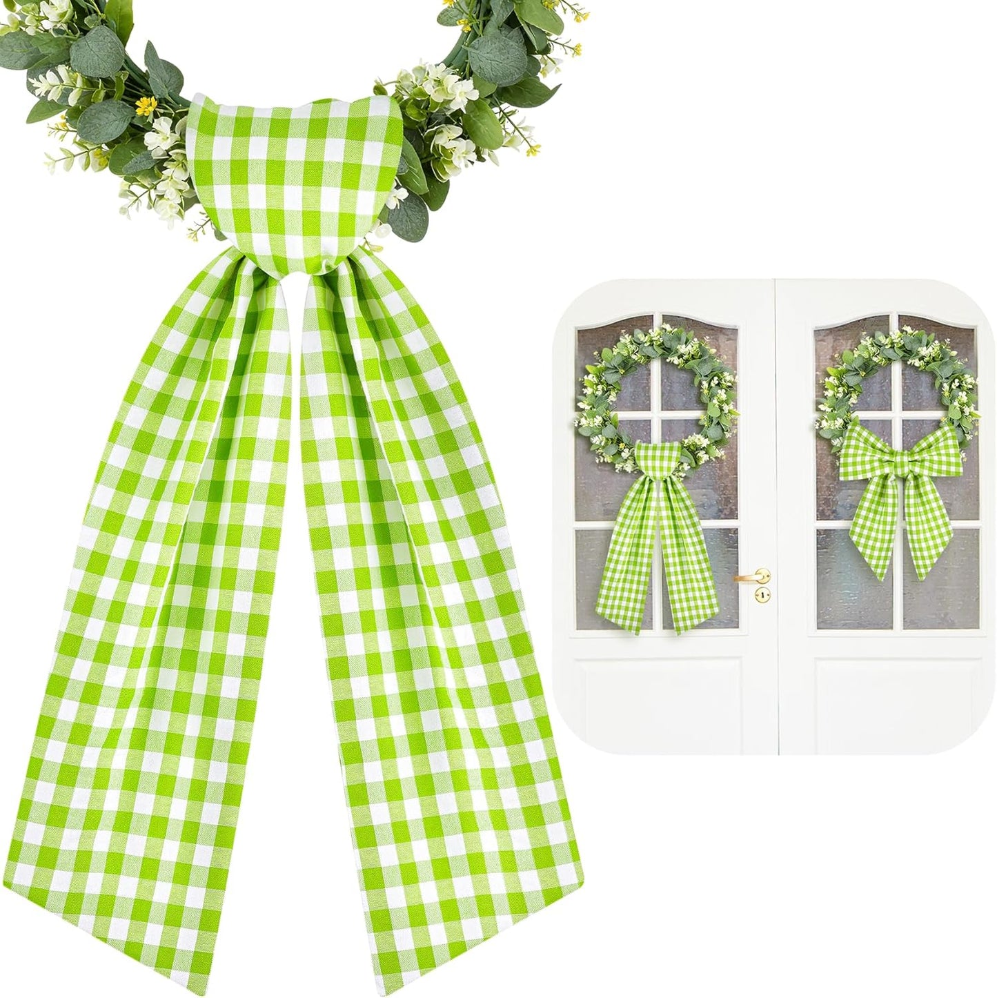 Skiennix Spring Wreath Sash - 56 Inch Green and White Plaid for Holiday Indoor/Outdoor Decor