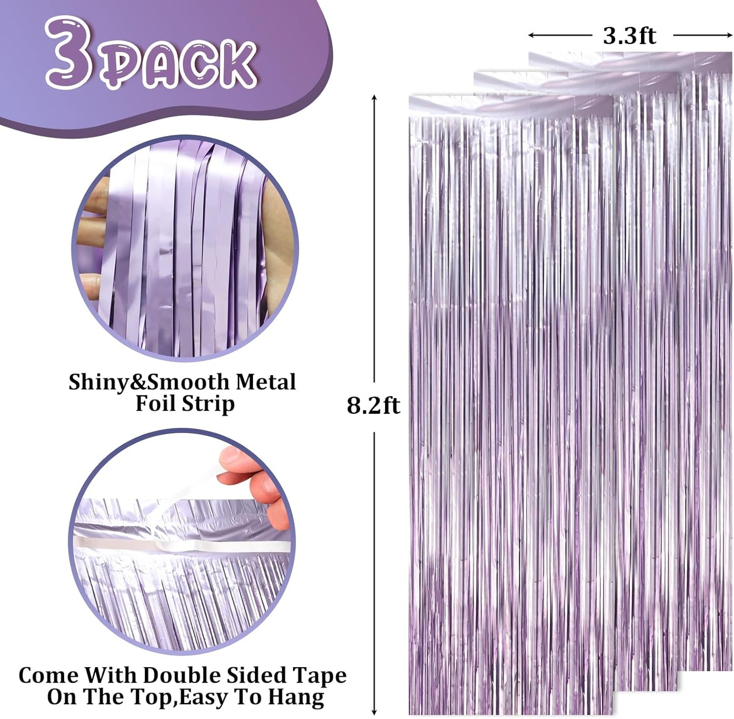 Voircoloria Light Purple Foil Fringe Backdrop Curtains - 3 Pack Tinsel Streamers for Baby Showers & Birthdays