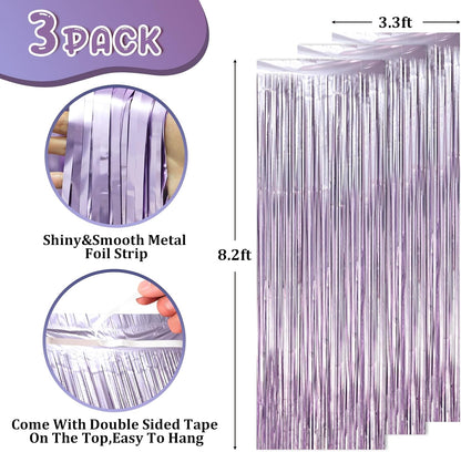 Voircoloria Light Purple Foil Fringe Backdrop Curtains - 3 Pack Tinsel Streamers for Baby Showers & Birthdays