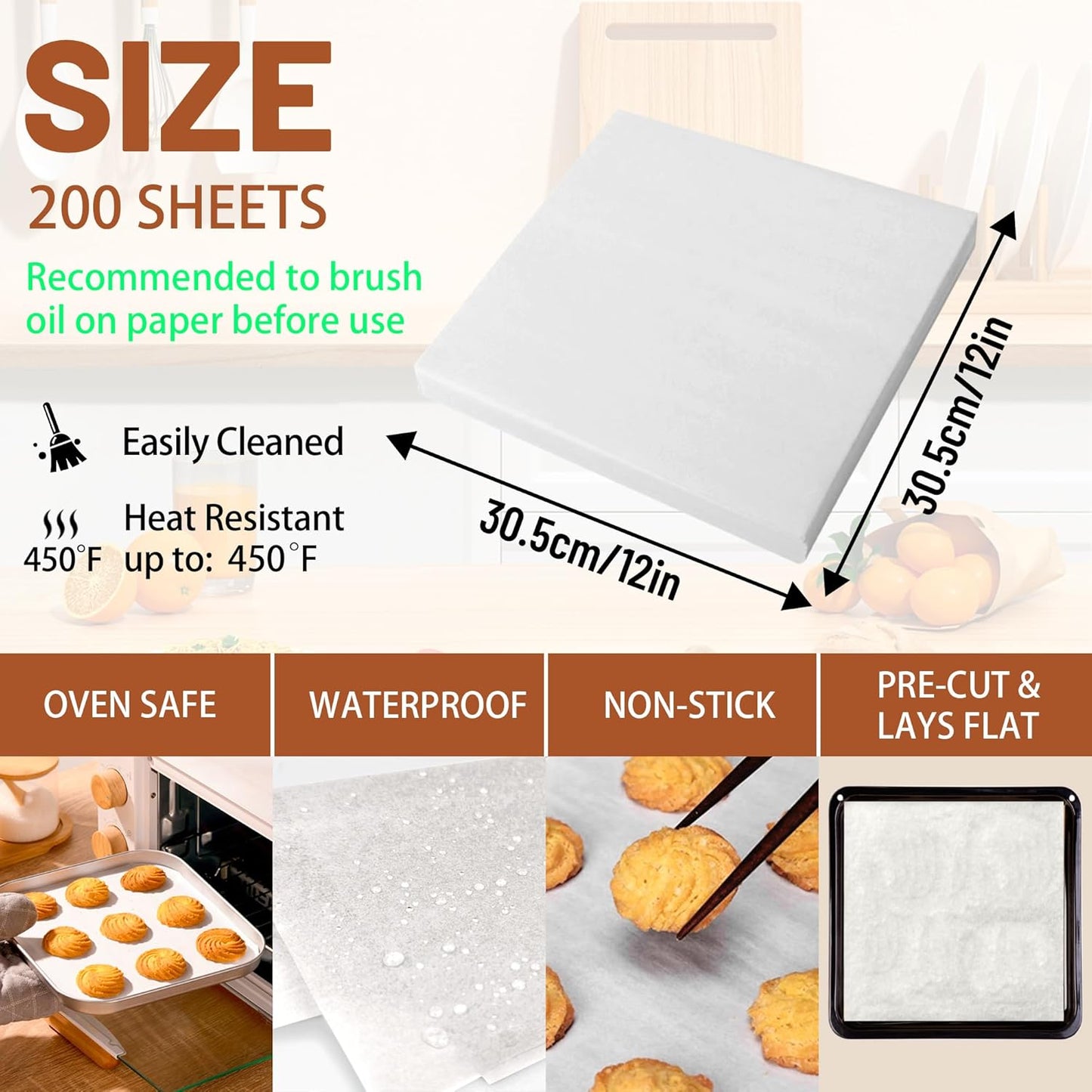 Skiennix Parchment Paper Sheets - 200 Pcs 12x12 Inch Non-Stick Baking Liners | Food Grade & Greaseproof