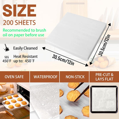 Skiennix Parchment Paper Sheets - 200 Pcs 12x12 Inch Non-Stick Baking Liners | Food Grade & Greaseproof