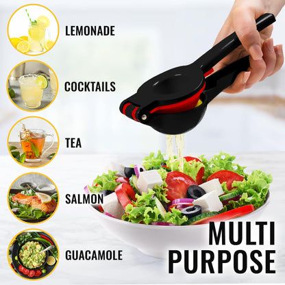 Zulay Metal 2-In-1 Lemon Squeezer Manual - Sturdy, Max Extraction Hand Juicer Lemon Squeezer Gets Every Last Drop - Easy to Clean Manual Citrus Juicer - Easy-to-Use Lemon Juicer Squeezer - Black/Red