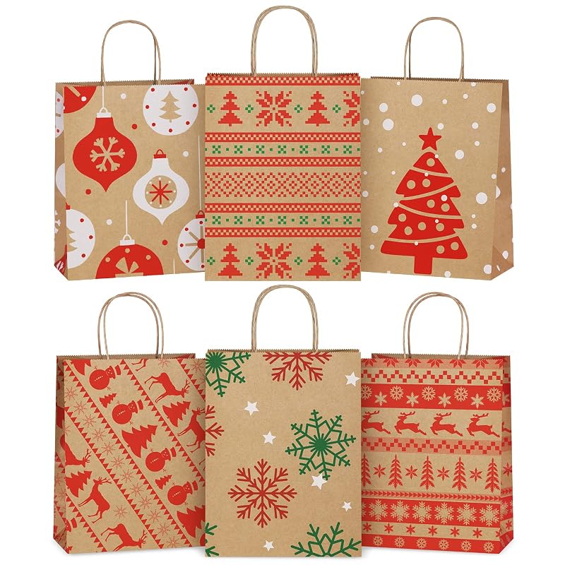 Christmas Gift Bags 24 Pcs Kraft Gift Bags with Handles - 8x4.25x10.5 - 6 Designs (Variation: Christmas Pattern A+1 Count Pack of 24)