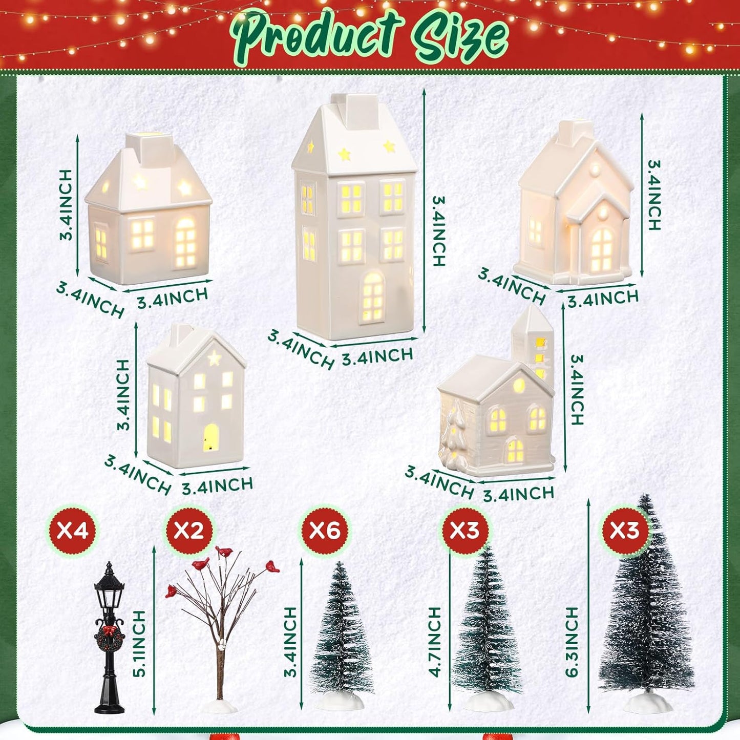 WinnerWhy 24-Piece LED Lighted Christmas Village Set - Mini Ceramic Houses & Streetlights for Festive Decor
