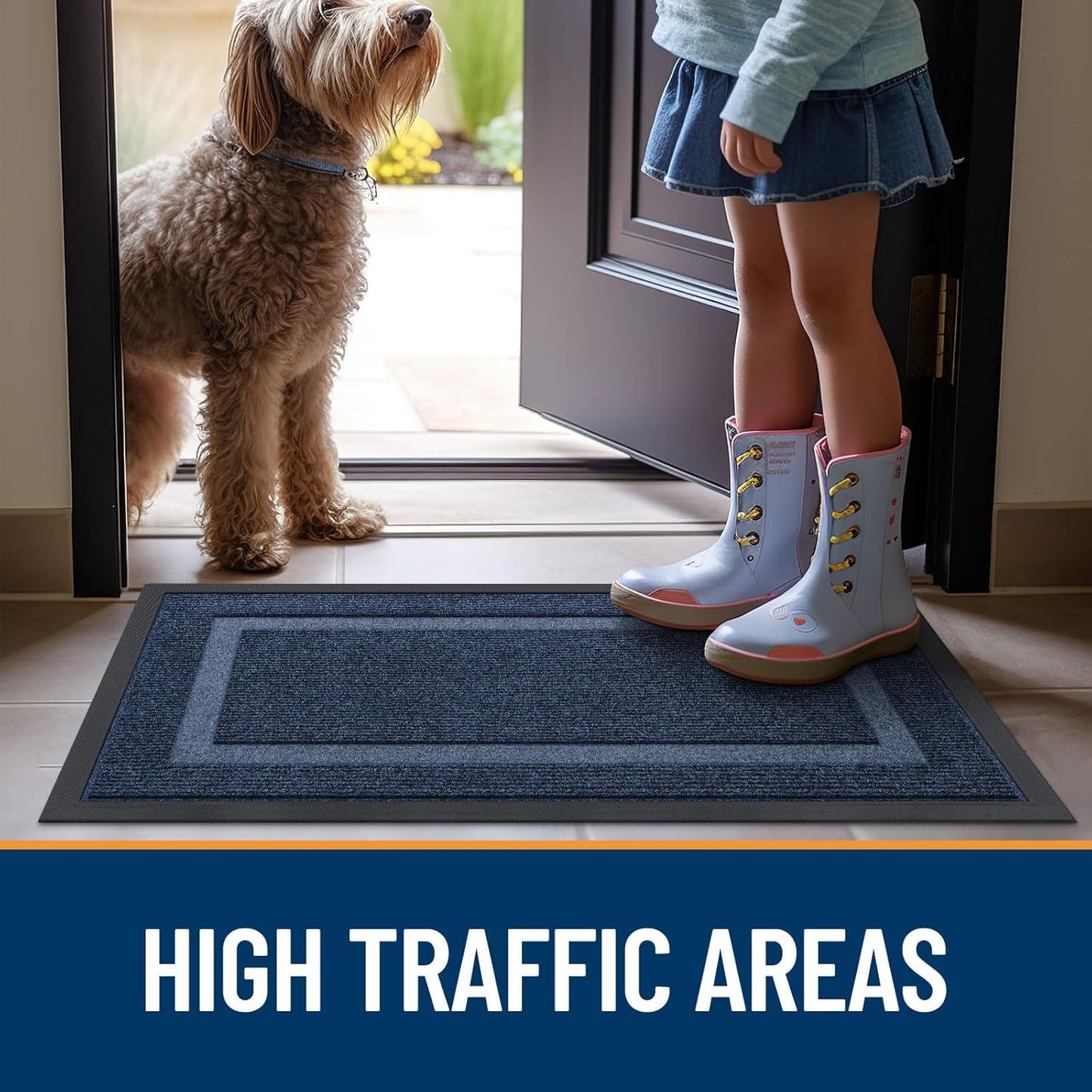 OLANLY Waterproof Front Door Mat - All-Season, Sturdy Natural Rubber, Easy Clean | 71x47, Blue
