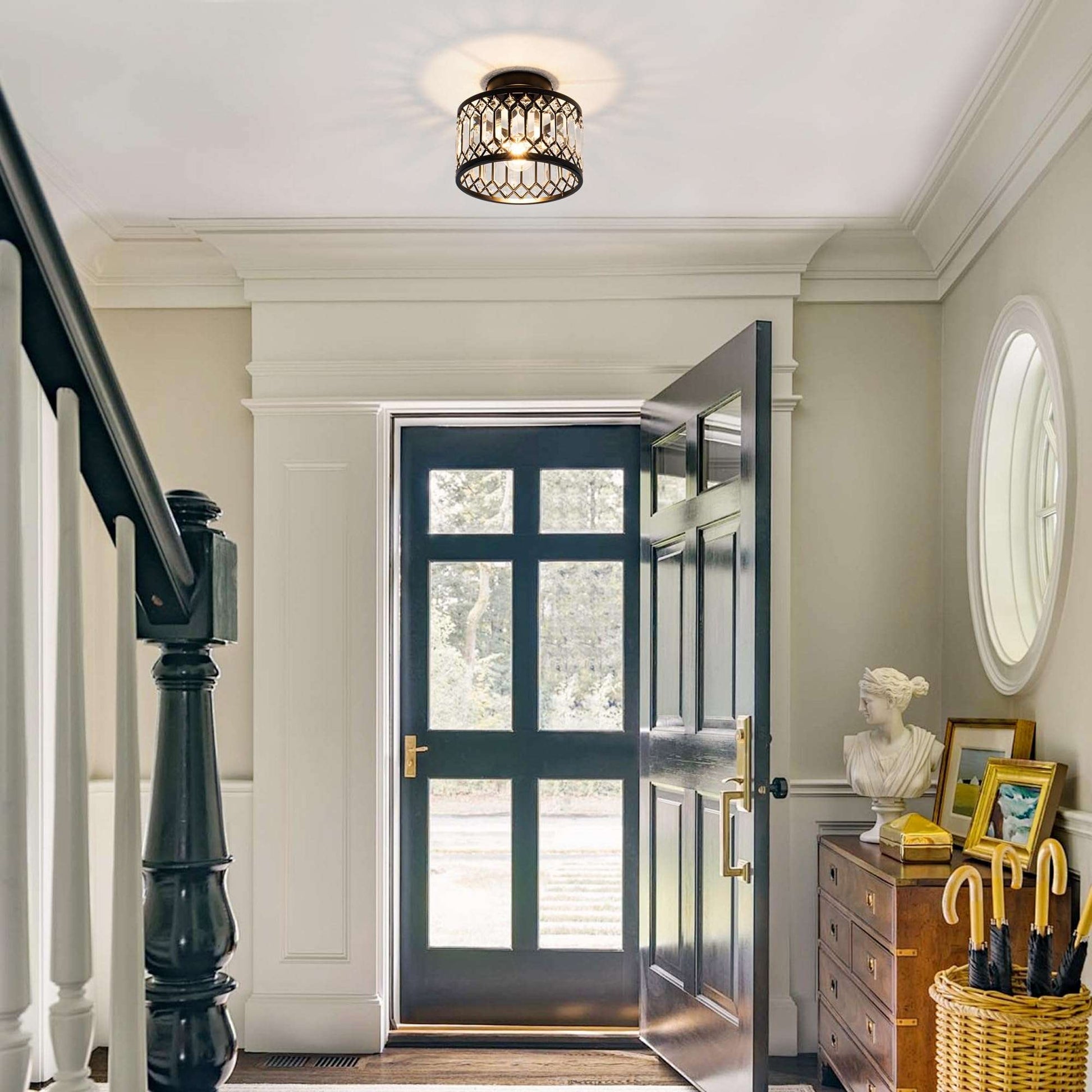 Rpzloila Crystal Ceiling Light Fixture, Modern Semi Flush Mount Ceiling Light,Crystal Chandelier for Kitchen Bedroom Bathroom Entryway Black (Bulb not Included)