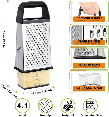 Urbanstrive Cheese Grater - Stainless Steel Box Grater with Container | Dishwasher Safe Kitchen Tool