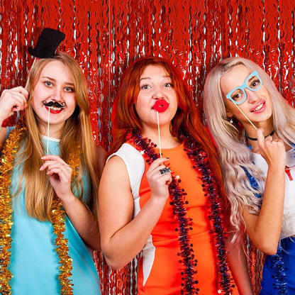 Red Tinsel Foil Fringe Curtains - Sparkling Wavy Backdrop for Parties & Events | Photo Booth Decor