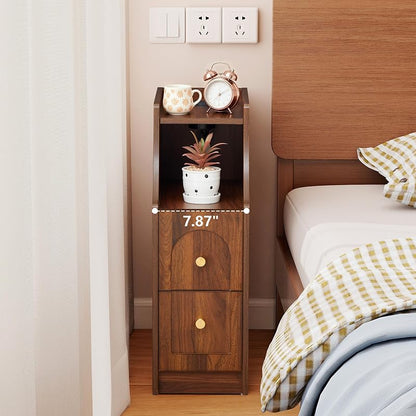 Ultra Narrow Nightstand Set of 2 with Charging Station — Walnut 2 Packs, 2 Drawers & Open Shelf