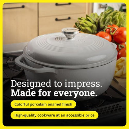 Lodge Essential Enamel Cast Iron Dutch Oven - 6 Quart Moisture-Sealing Lid & Dual Handles - Oyster White