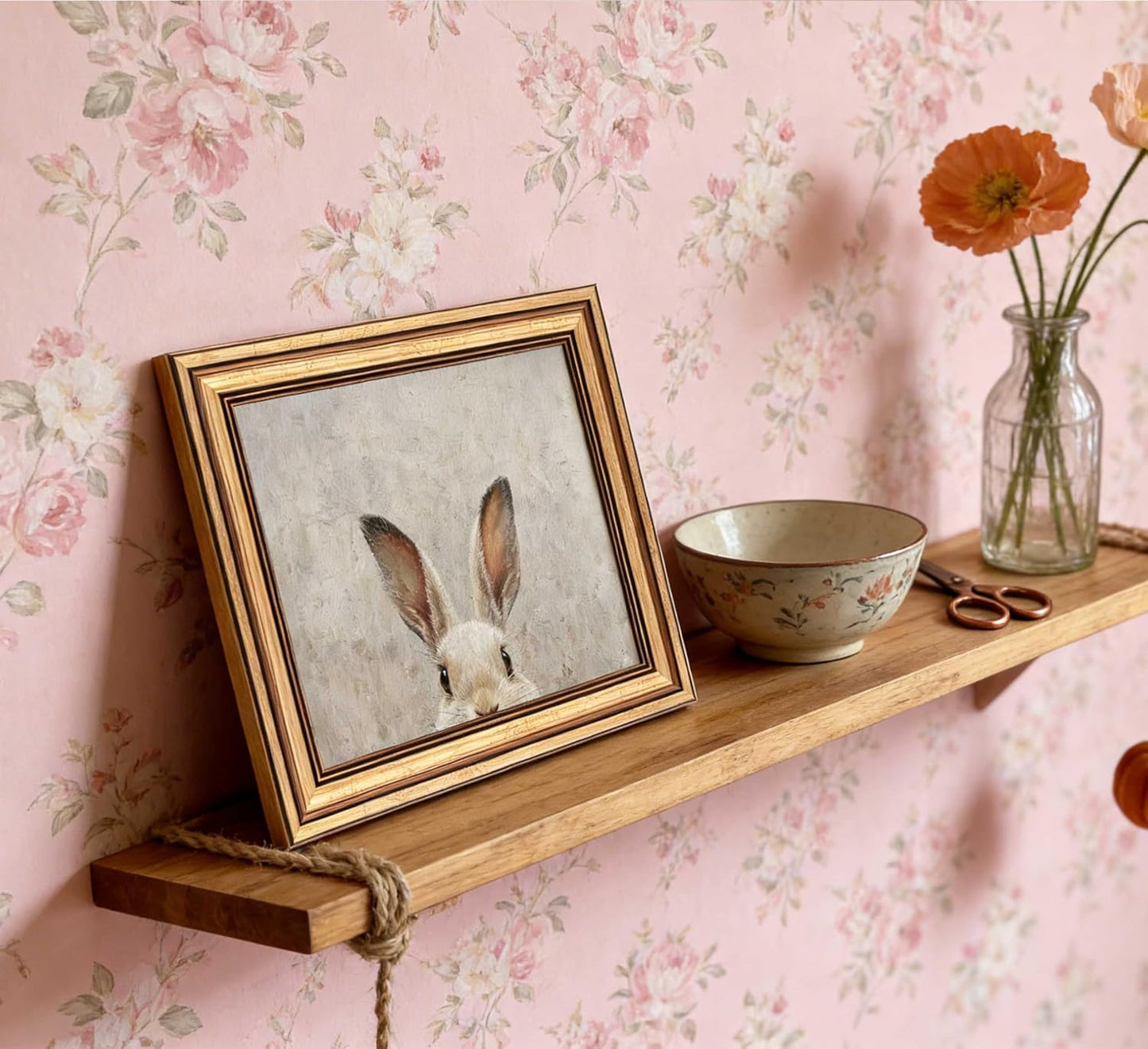Vintage Gold Framed Bunny Canvas Wall Art - Rustic Rabbit Oil Painting for Living Room & Bedroom | 9x11in