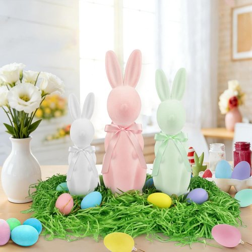 Letsroar Easter Bunny Decor Set - 3 Pack Flocked Bunnies (10", 13", 15") with Plastic Eggs & Grass | Spring Table Centerpiece