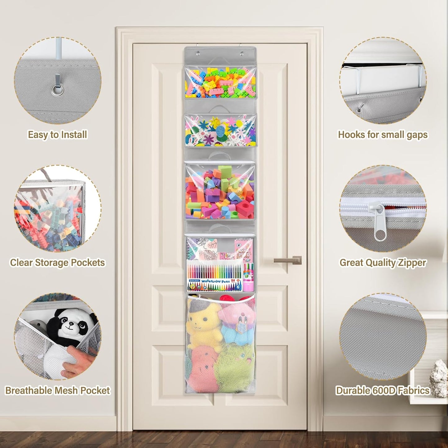 Woodoulogy Hanging Toy Storage - Over Door Stuffed Animal Organizer with 4 Removable Bags & Mesh Pocket