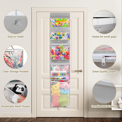 Woodoulogy Hanging Toy Storage - Over Door Stuffed Animal Organizer with 4 Removable Bags & Mesh Pocket