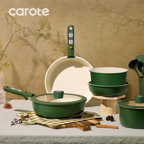 CAROTE 19-Piece Ceramic Cookware Set - Non-Stick, Non-Toxic, Detachable Handle, Induction & Dishwasher Safe, Green