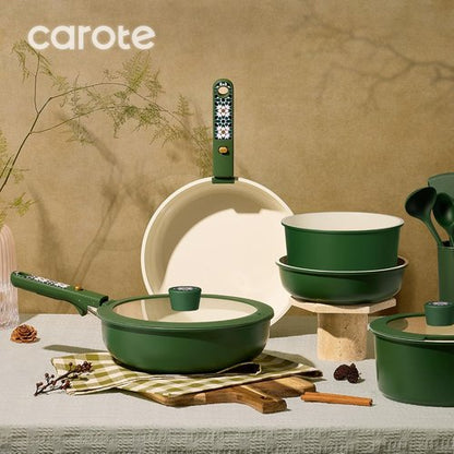 CAROTE 19-Piece Ceramic Cookware Set - Non-Stick, Non-Toxic, Detachable Handle, Induction & Dishwasher Safe, Green