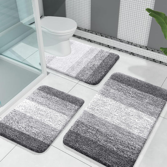 OLANLY Bathroom Rugs Set - Soft Absorbent Microfiber Mats & U-Shaped Toilet Rug | Grey, 3-Piece Set