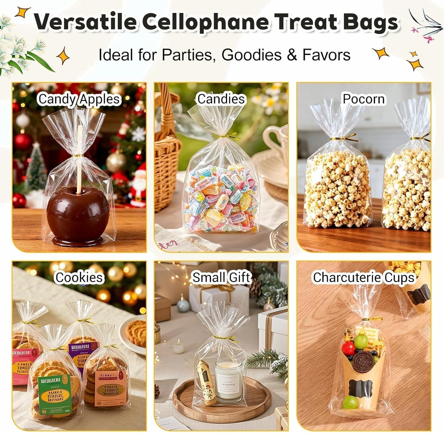 PigPotParty Cellophane Treat Bags 6x9 Inch, 50 Pack Clear Goodie Bags with Bottom Gusset for Stand-Up Display, Small Plastic Gift Wrap for Cookies, Candy, Party Favors, Popcorn, Includes 50 Gold Ties