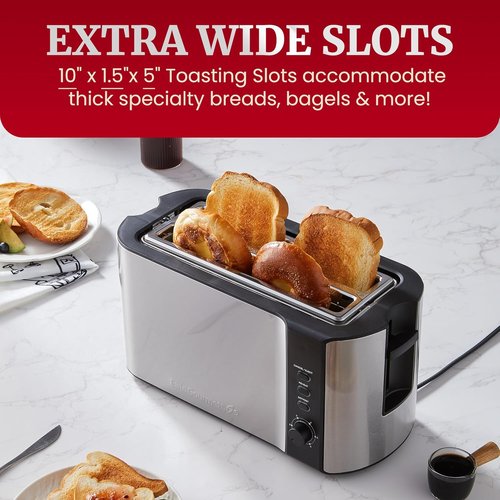 Elite Gourmet ECT-3100 4-Slice Long Slot Toaster - Extra Wide Slots for Bagels & Sourdough | 6 Browning Settings | Stainless Steel
