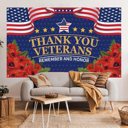 Veterans Day Decorations - Red Poppies Thank You Banner | Patriotic Fourth of July Backdrop