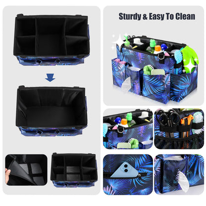 Wearable Cleaning Caddy Bag with Handle, Multi-functional Cleaning Supplies Caddy Organizer with Handle and Shoulder Strap for Car Wash, Gardening Tools, Painting/Picnic Items, Beach (Blue Leaves)