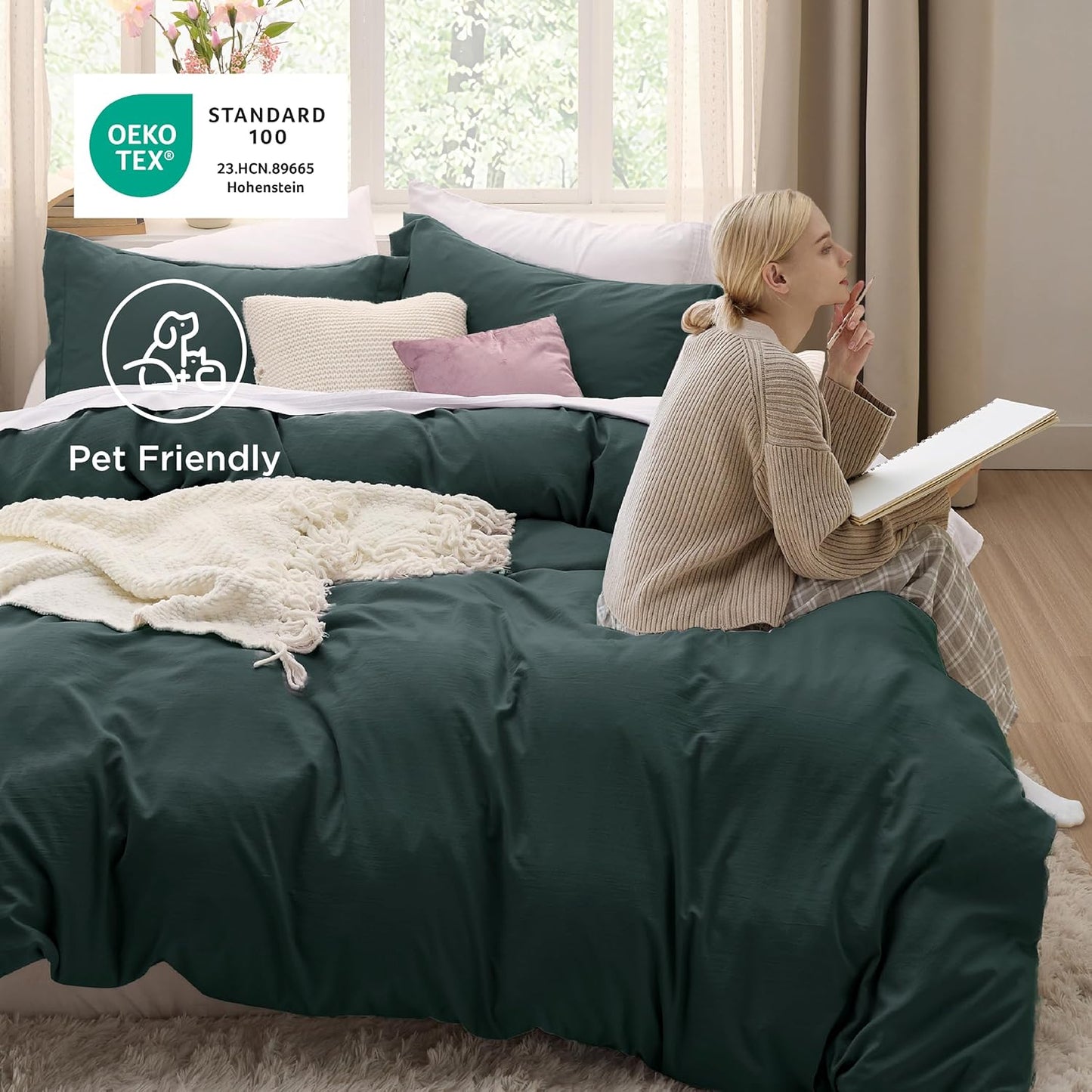 Bedsure Oversized King Duvet Cover Set - Extra Soft Forest Green Prewashed Cotton-Like Polyester, 3 Pieces (120''x98'') with Zipper Closure & 2 Pillow Shams