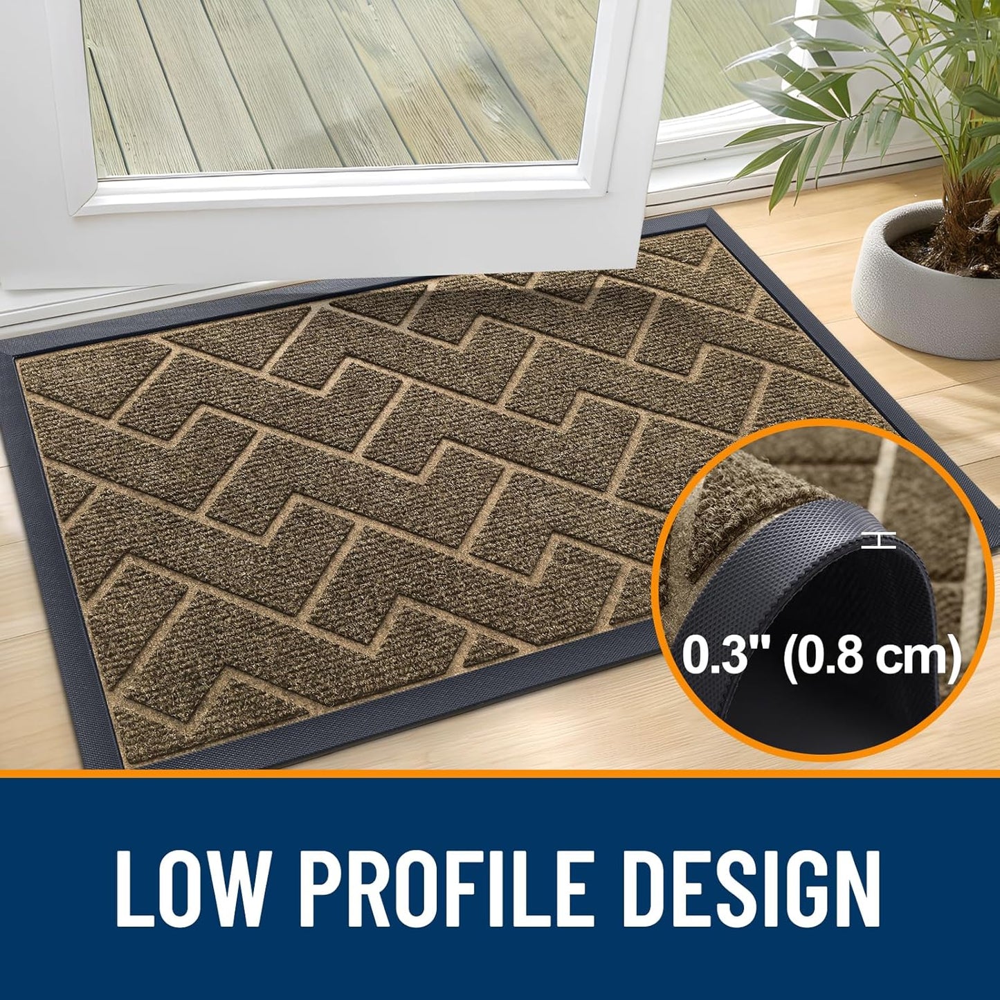 OLANLY Waterproof All-Season Front Door Mat - Sturdy Natural Rubber, Low Profile, Herringbone Brick (Brown, 59x23)