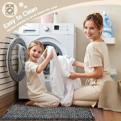 TYUU Black and White Bathroom Rugs, Waffle Runner Rug Bathroom Non Slip Washable Long Super Absorbent Quick Dry Boho Farmhouse Bath Decor, 60"x24" Black and White