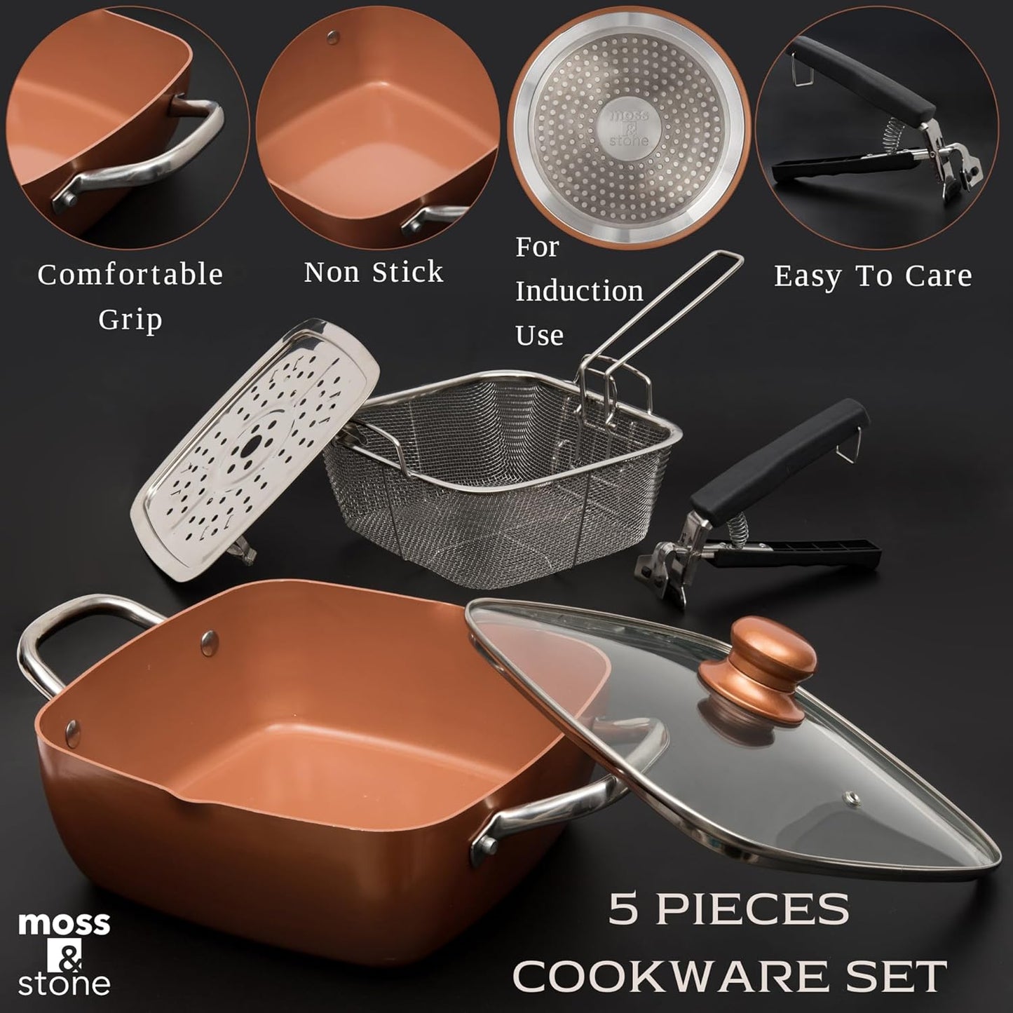 Moss & Stone Copper Chef Cookware Set - 5-Piece Non-Stick Deep Frying Pan & Accessories | 5 Qt, Dishwasher Safe