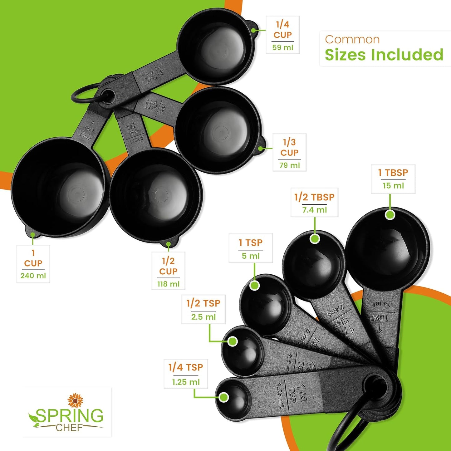 Spring Chef Magnetic Measuring Cups & Spoons Set - Nesting Kitchen Tools with Easy-to-Read Markings, BPA-Free, Black