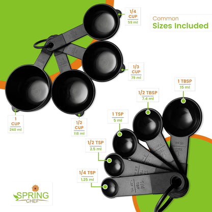 Spring Chef Magnetic Measuring Cups & Spoons Set - Nesting Kitchen Tools with Easy-to-Read Markings, BPA-Free, Black