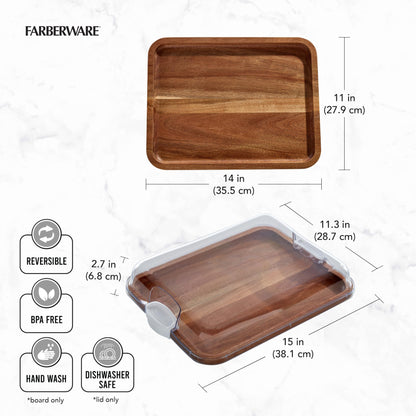 Farberware Build-A-Board Acacia Cutting Board with Built-in Compartments and Clear Locking Lid with White Handles, Perfect for Charcuterie, Snacks, and More - Make it. Take it. Enjoy it, 11x14 Inches