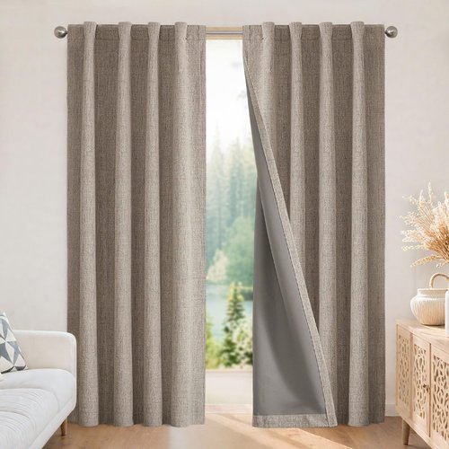 Joydeco Blackout Curtains for Bedroom - Natural Linen Curtains 37 X 90 inch, Thermal Insulated 100% Blackout 2 Panels Light Blocking Drapes, Rod Pocket & Back Tabs, Darkening Privacy for Living Room