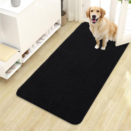 OLANLY Dog Door Mat - Absorbent Non-Slip Washable Doormat for Muddy Paws | 44x24 Black Chenille Mat