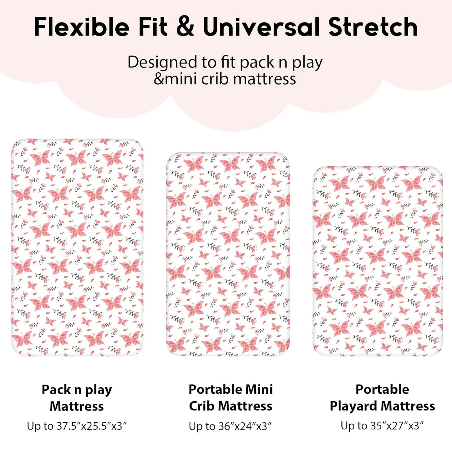 Yoofoss Fitted Pack and Play Sheets - Soft, Breathable Mini Crib Sheets 2-Pack (Pink + Butterflies)